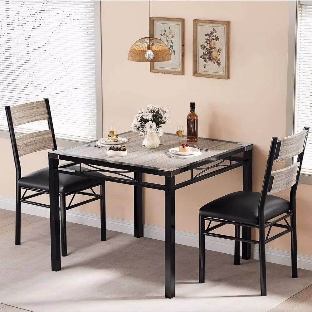 VOGREX 3-Piece Dining Set with Square Table and 2 Upholstered Chairs in Black – 3