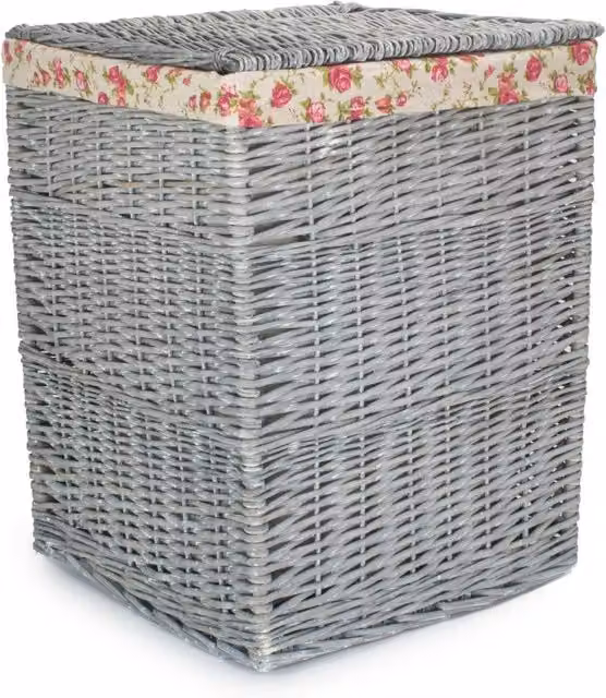 Red Hamper Grey Wash Square Laundry Basket with Garden Rose Lining, Large