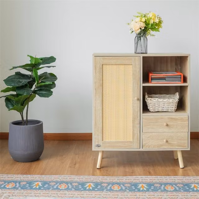 Abrihome Brown and Beige Rattan Wood Sideboard Cabinet