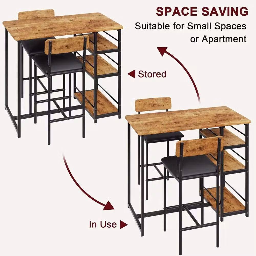 VOGREX Industrial Dining Set with Rectangular Bar Table and Two Upholstered Chairs in Brown and Multicolour – 4