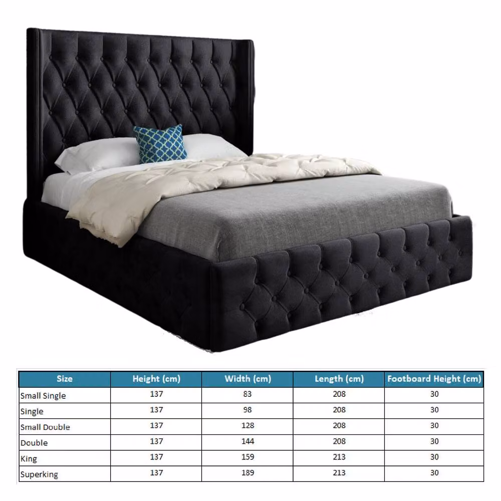KDMD Winchcombe Winged Upholstered Designer Bed Frame in Black Soft Velvet, W/D/H: 144 x 200 x 137 cm – 6