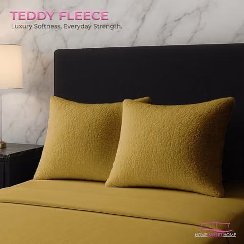 Home Sweet Home UK Snug City Teddy Fleece Pillow Case Pair in Yellow, W: 48 cm x L: 74 cm – 4