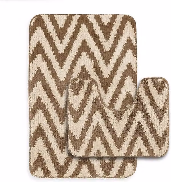Velosso 2 Piece Chevron Stripe Bath and Pedestal Mat Set in Beige – 1