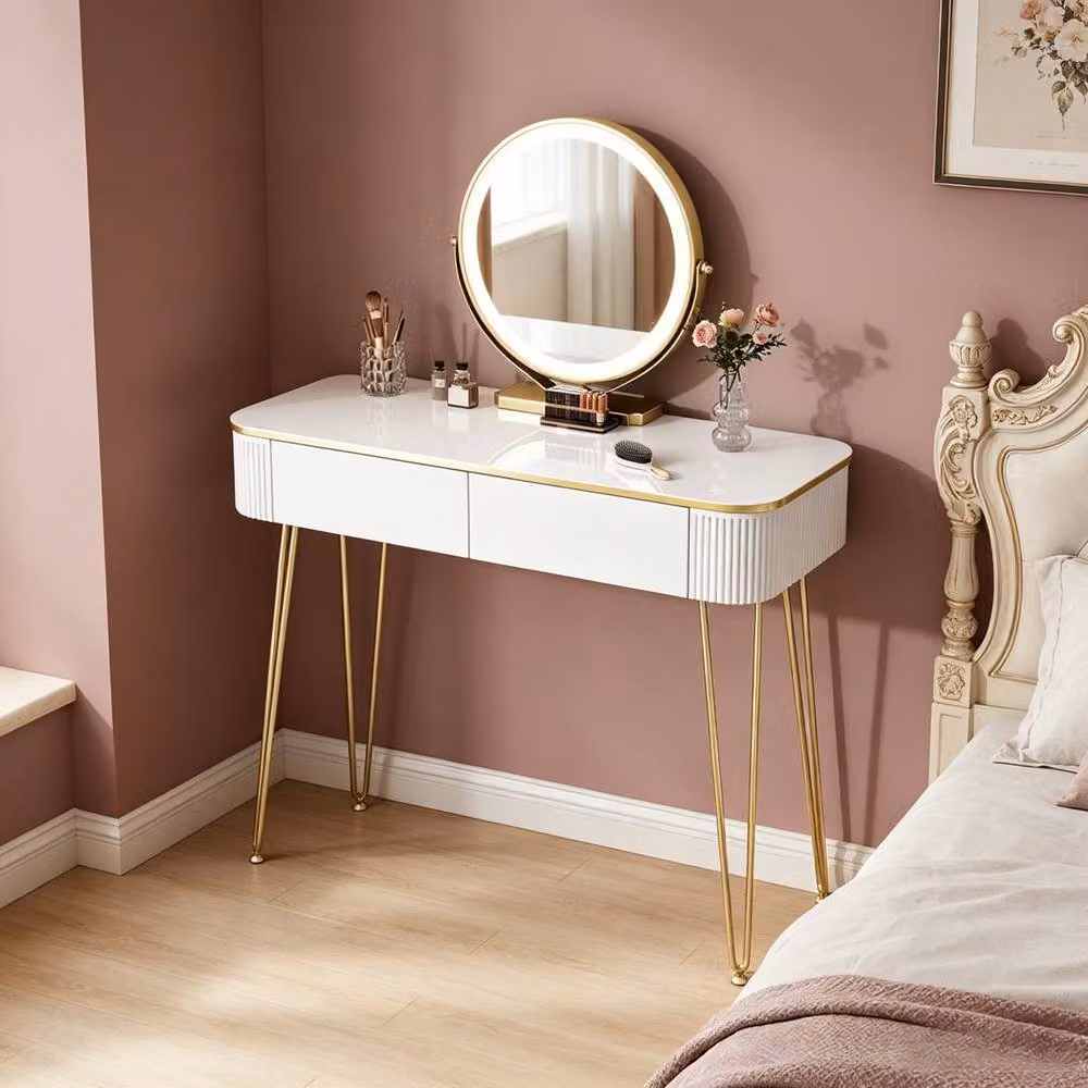 Merax White and Gold Glossy Dressing Table with Hollywood LED Mirror and 2 Drawers, W/D/H: 121 x 40 x 76.7 cm – 2