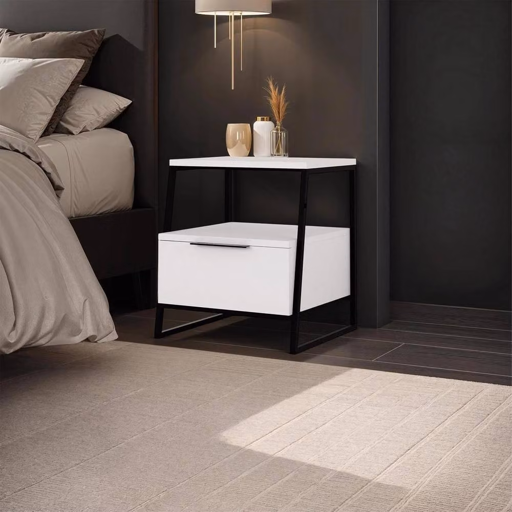 Havendro Modern 1 Drawer Bedside Table with Matt White Finish and Black Metal Frame – 2