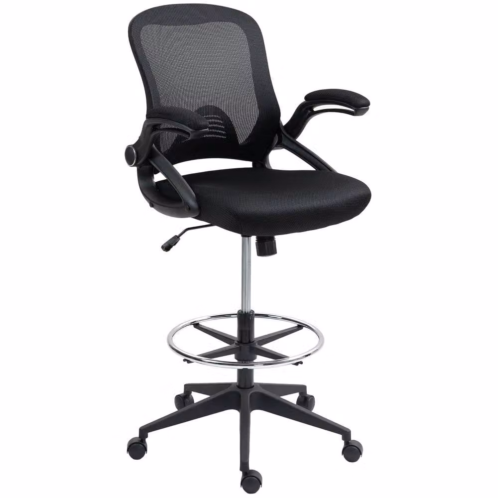 STILVORA Black Fabric Drafting Chair with Flip-up Armrests and Foot Ring – 3