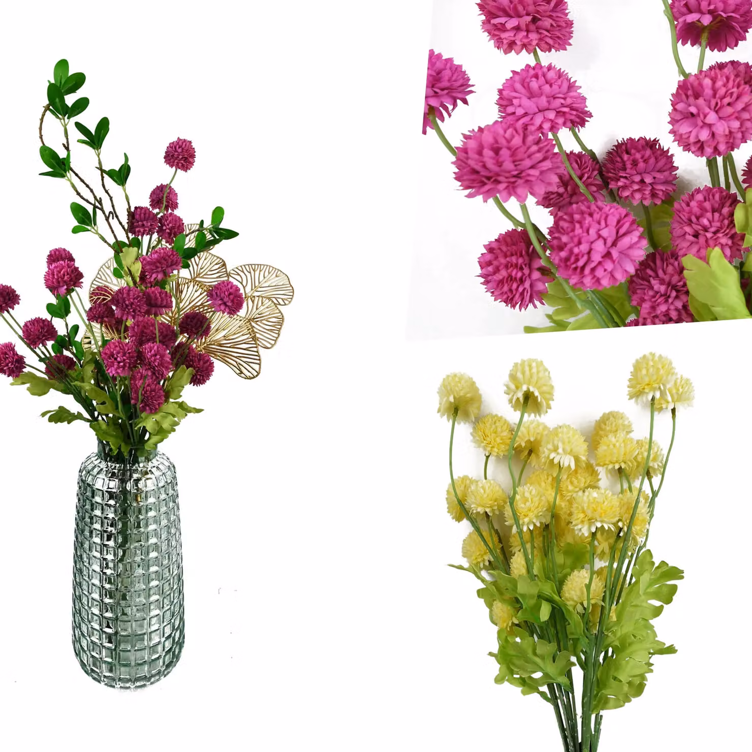Pegdev Pack of 6 Artificial Dahlia Pompom Floral Stems in Pink and Yellow, 50 cm – 3