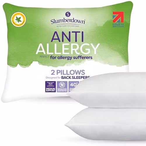 Slumberdown Anti Allergy Pillows 2 Pack, White, W: 74 cm, H: 48 cm
