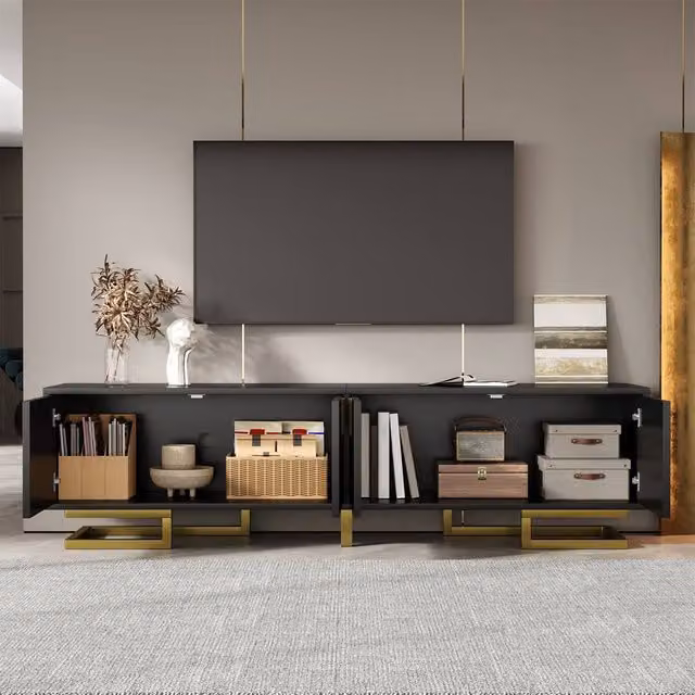 Rolipo Modern Black TV Stand with Textured Doors and Gold Metal Legs, Width: 160 cm – 1