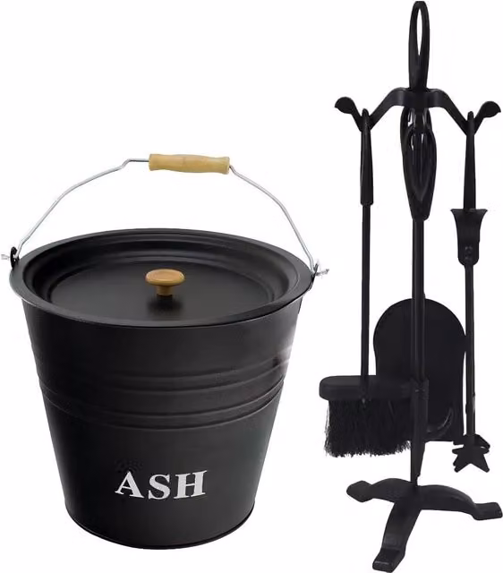 Almineez 5 Piece Fireside Companion Tool Set with 12L Ash Bucket and Stand in Black – 5