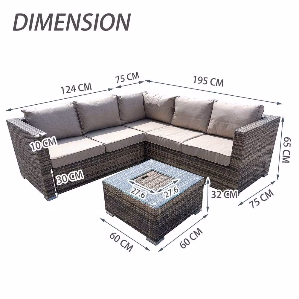 FURNITURE ONE 5 Seater Brown Rattan L-Shape Corner Patio Sofa Set with Outdoor Coffee Table and Upholstered Cushions – 6