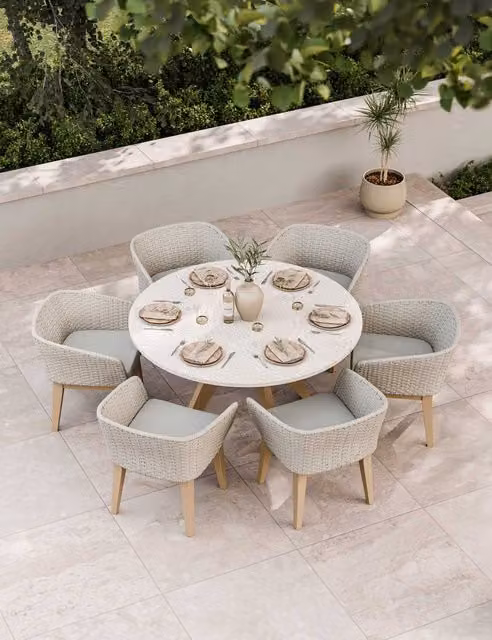 Royalcraft Astral 6 Seater Round Garden Table and Chairs Set in Natural Mix Acacia Wood and Concrete
