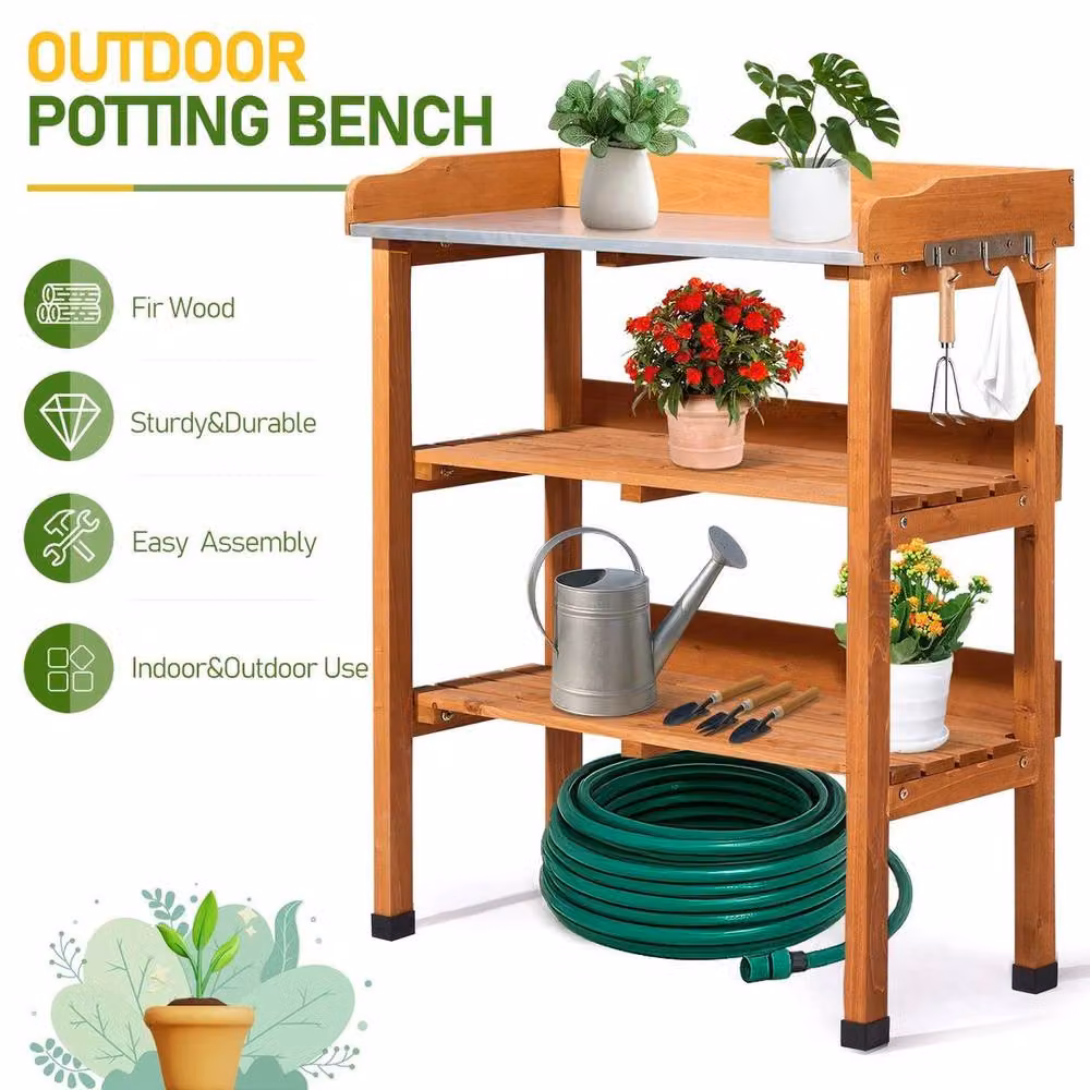 SPETLEK 3-Tier Rustic Wooden and Metal Potting Table Work Station in Brown – 4