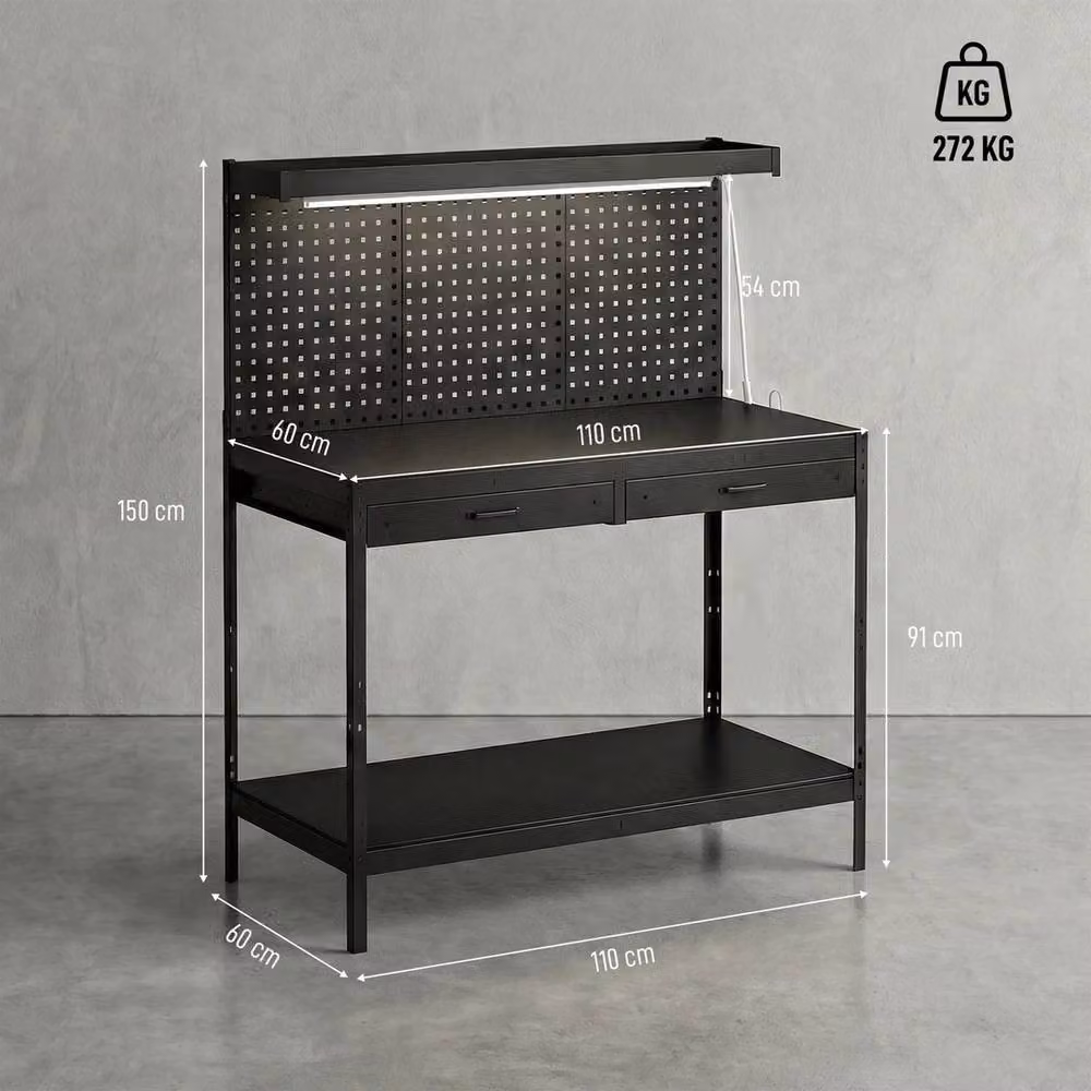 NESTLUNE Heavy Duty Metal Workbench with Pegboard, Black, W: 110 cm, D: 52 cm, H: 150 cm – 2