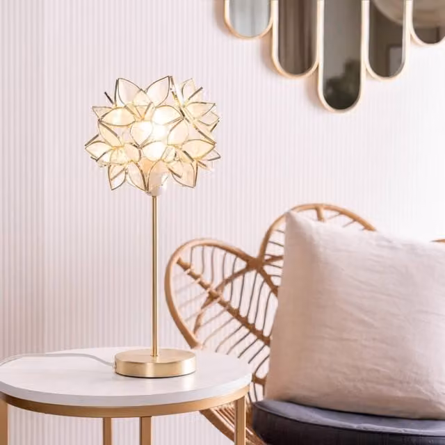 ValueLights Reine Gold Stem Table Lamp with Transparent Glass Flower Pendant
