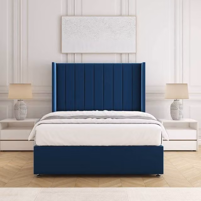 BSSPOKE Hannah Double Divan Bed Set with 54 inch Plush Velvet Headboard and Mattress in Blue, W/D/H: 140 x 200 cm