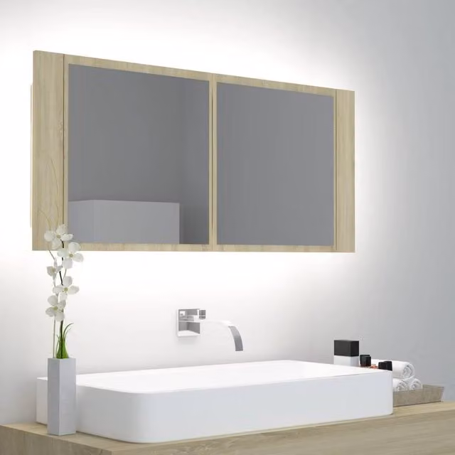 Berkfield Home LED Bathroom Mirror Cabinet in Sonoma Oak Brown, W/D/H: 100 x 12 x 45 cm