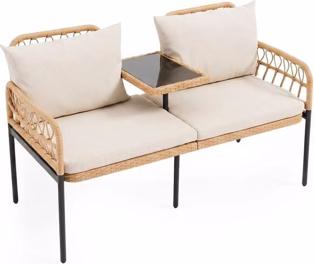 FORGEVIO 2 Seater Outdoor Companion Bench with Built-In Glass Table in Beige Polyrattan – 1