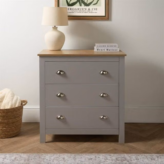 OHS Chicago 3 Drawer Bedside Table and Hallway Cabinet in Grey