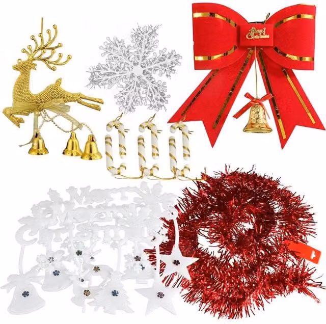 KDMD Christmas Hanging Decor Kit with Multicolour Bowknot Ribbon, Snowflake and Reindeer Pendants – 1