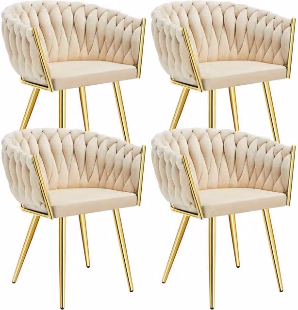 tectake Astano Dining Chair Set of 4 in Light Sand Velvet with Black Metal Frame – 1