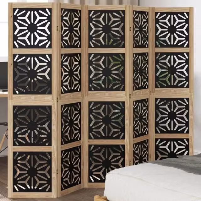 Berkfield Home 5 Panel Geometric Room Divider in Brown and Black Solid Paulownia Wood