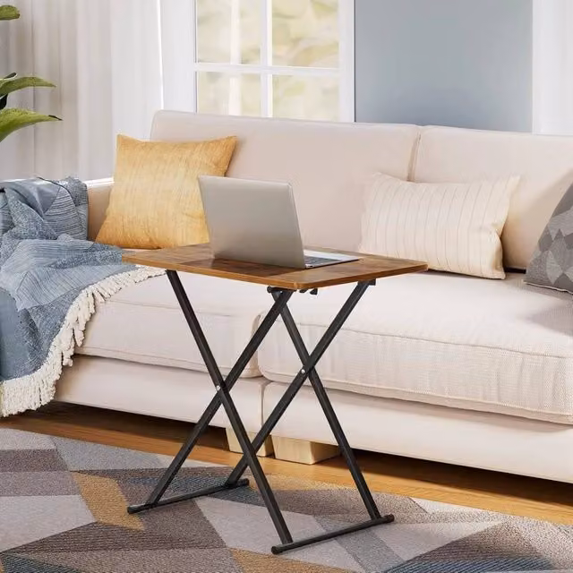 EONLION Height Adjustable Folding TV Tray Side Table in Brown with Rectangular MDF Top and Metal X-Frame, W/D/H: 60 x 40 x 40 cm – 1