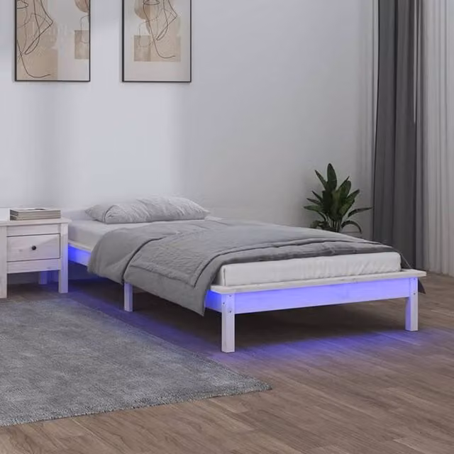 Berkfield Home Single Solid Wood LED Bed Frame in White with Under-bed Lighting and USB Charging Port, W/D/H: 90 x 190 cm