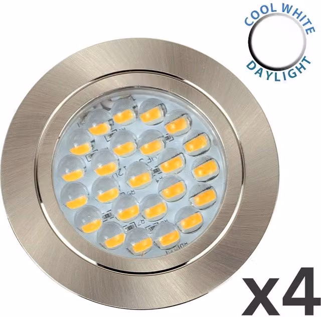ValueLights Pack of 4 Modern Chrome Recessed LED Caravan Downlights with Integrated Cool White Bulbs