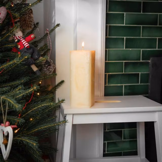 Nicola Spring Square Vanilla Pillar Candle in Cream and White with 110 Hour Burn Time