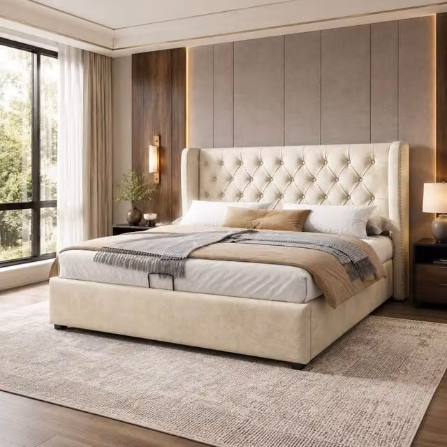 STILVORA Double Ottoman Bed with Storage, Beige Velvet, W: 140 cm, L: 200 cm, H: 135 cm