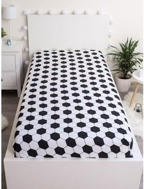Jerry Fabrics Cotton Football Fitted Sheet for Adults, Black/White, W: 90 cm, L: 190 cm