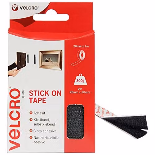 VELCRO Brand Stick On Double Sided Hook and Loop Self Adhesive Tape, Black, Width: 20 mm x Length: 1 m