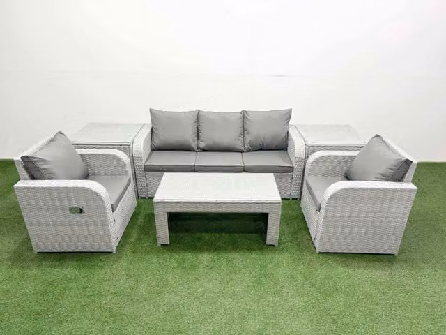 Fimous PE Rattan Garden Furniture Set with Reclining Chairs, Lounge Sofa, Rectangular Coffee Table and 2 Side Tables in Light Grey