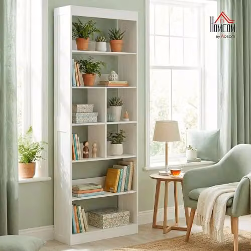 HOMCOM 6-Tier Modern White Bookcase with 4 Cubes and Media Compartments, H 180 x W 68 x D 24 cm – 2