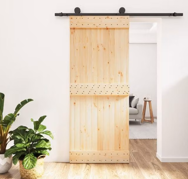 Berkfield Home Rustic Solid Wood Pine Sliding Door with Hardware Set, Brown, W: 85 cm, H: 210 cm