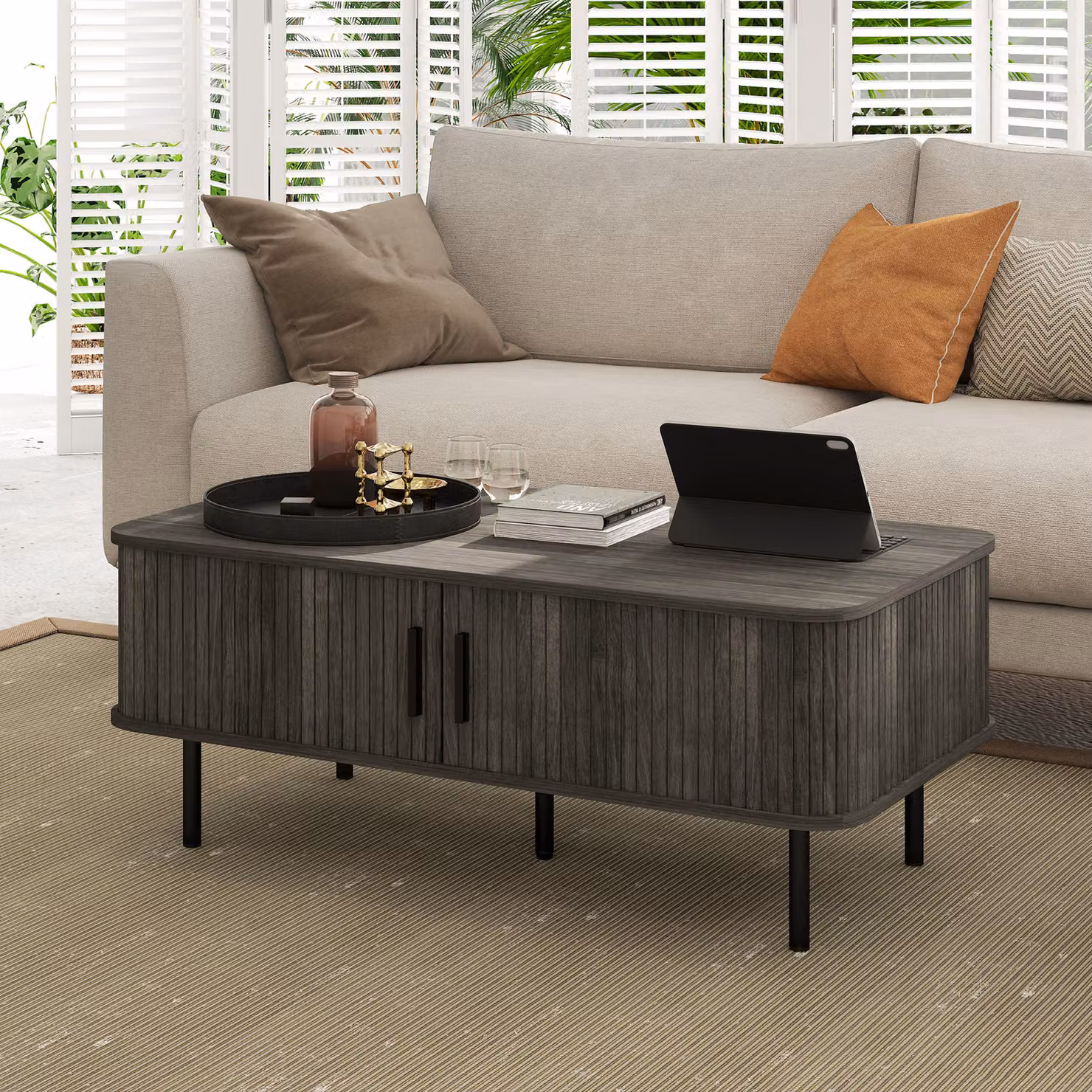 HOMCOM Grey Wood-Effect Rectangular Coffee Table with Slatted Tambour Sliding Doors and Storage – 7