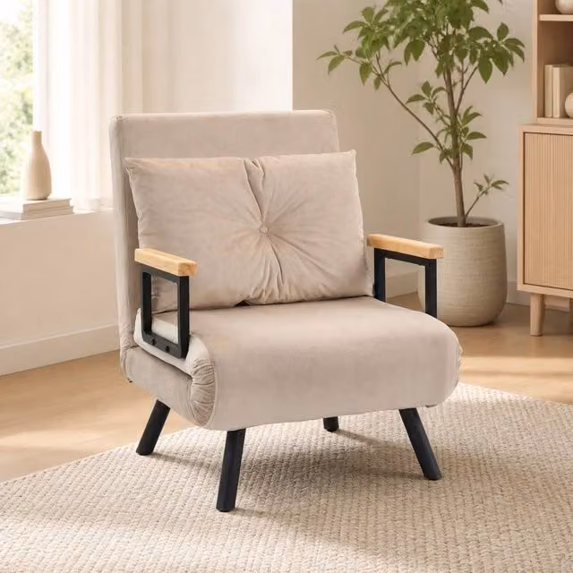 STILVORA 4-in-1 Single Chair Bed in Beige Velvet – 1