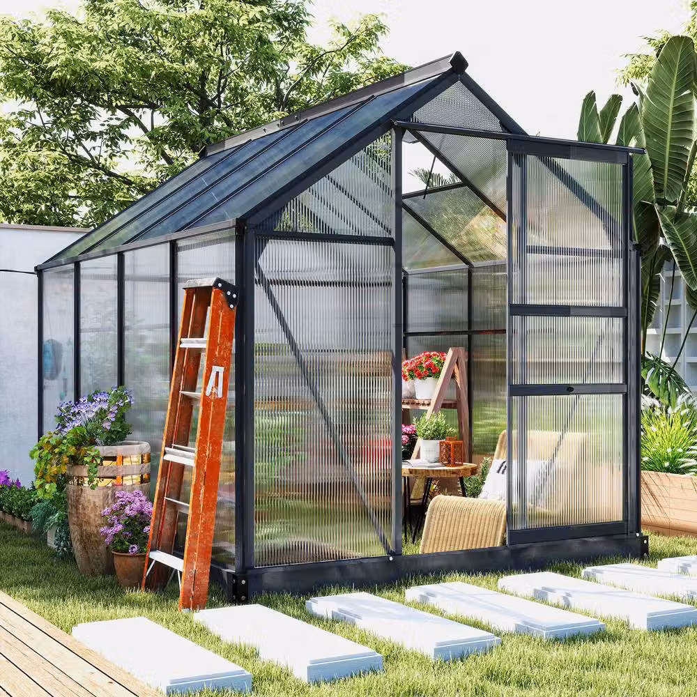 STILVORA Grey Walk-In Greenhouse with Aluminium Frame, Polycarbonate Panels, Sliding Door, Window and Rain Gutter, W/D/H: 190 x 190 x 201 cm – 2