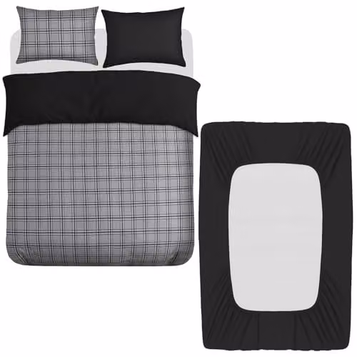 Grace 4 Piece Double Duvet Set with Matching Black Fitted Sheet in Grey, Reversible Breathable Microfibre Bedding Set