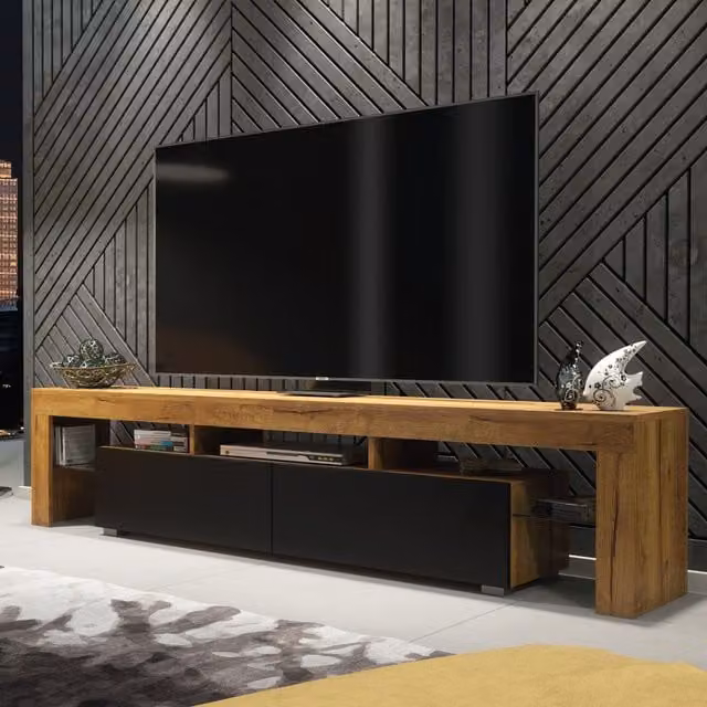 Creative Furniture Modern Oak TV Unit with Matt Black Doors in Brown, W: 200 cm, H: 45 cm, D: 35 cm