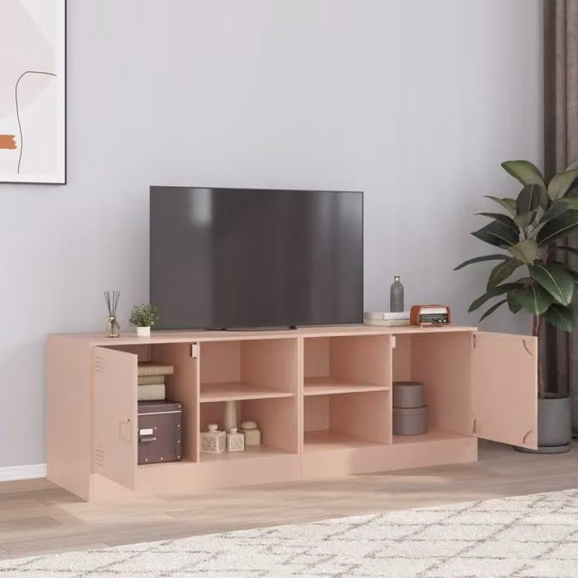 Berkfield Home Set of 2 Pink Metal TV Cabinets with Hinged Doors and Internal Shelves, W/D/H: 67 x 39 x 44 cm