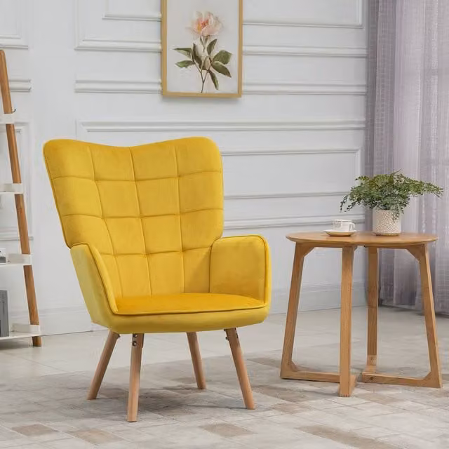 HOMCOM Mid-Century Modern Velvet Tufted Wingback Accent Armchair with Wood Legs in Yellow