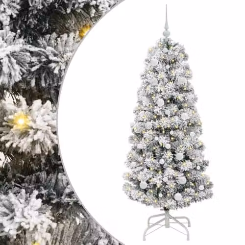 vidaXL Artificial Hinged Christmas Tree in Green and White, 150 cm