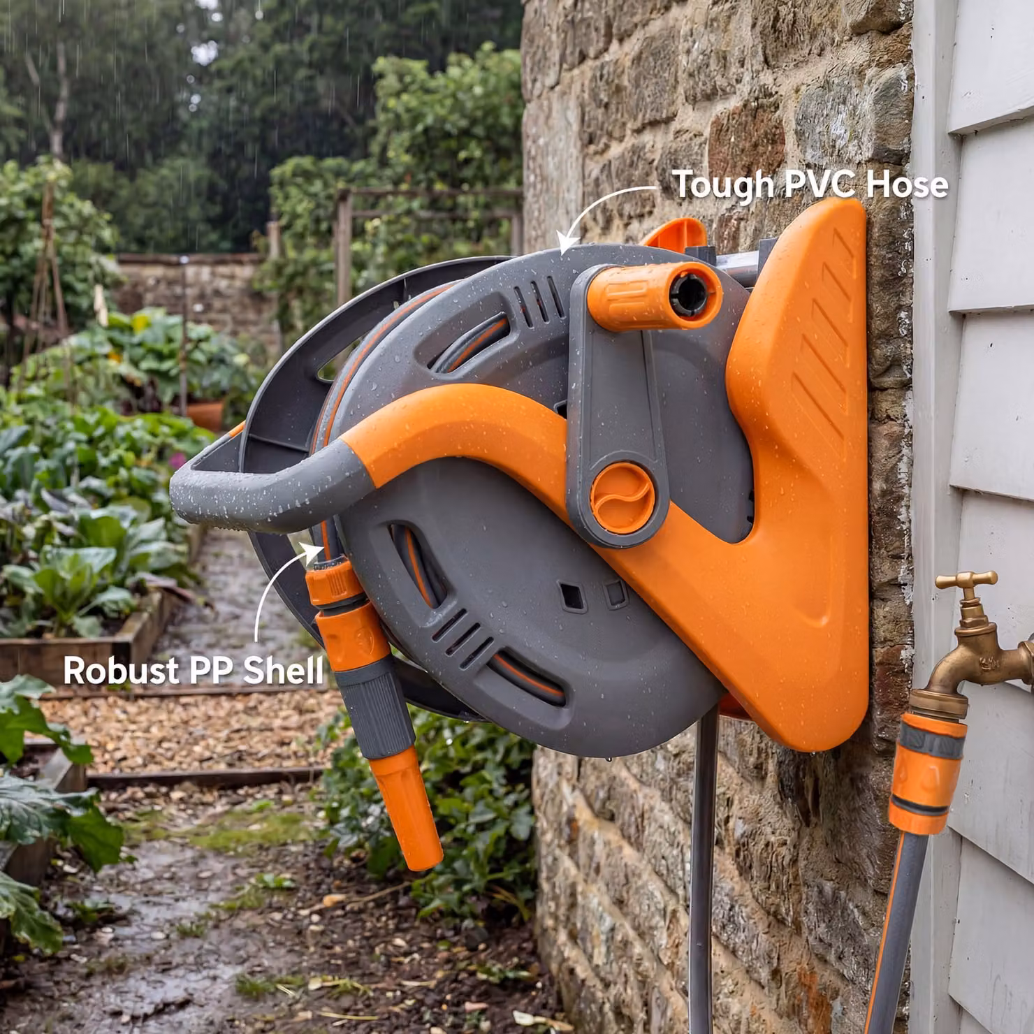 Outsunny Portable Wall Mounted Garden Hose Reel with 2-Pattern Spray Nozzle and Crank Handle, Orange – 5