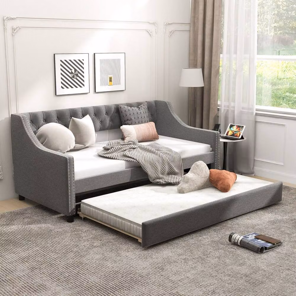 Costway Grey Linen Upholstered Single Size Daybed with Trundle Bed Frame – 3
