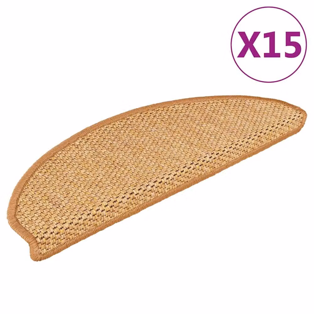Berkfield Home Self-adhesive Sisal-Look Stair Mats, 15 Pieces, Light Brown, W: 65 cm, D: 21 cm, H: 4 cm – 2