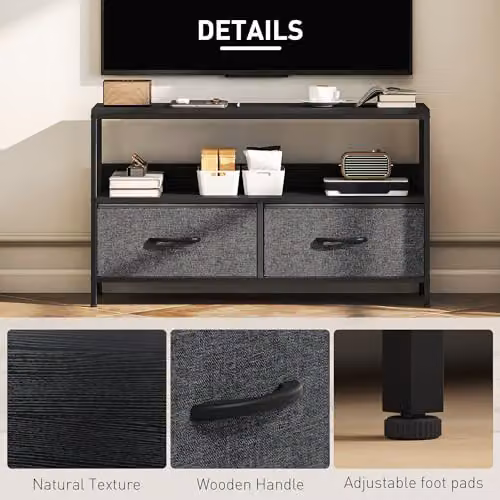 HOMCOM Industrial Black Metal TV Cabinet with Media Compartments and 2 Foldable Linen Drawers, W/D/H: 98.0 x 29.0 x 56.0 cm – 5