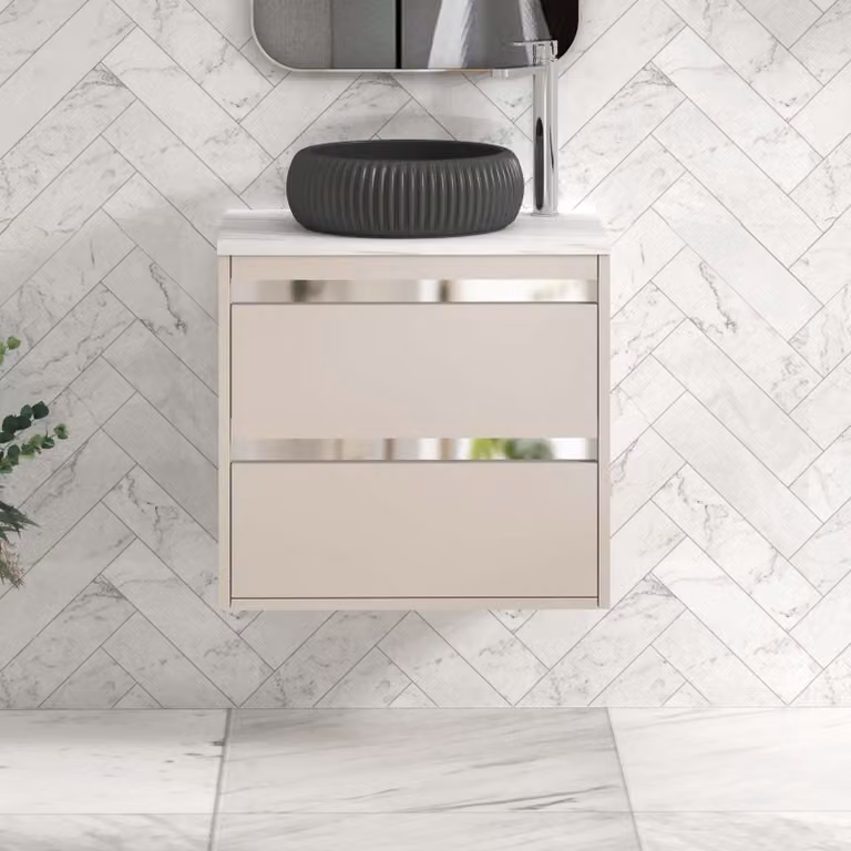 Royal Bathrooms Orion 800mm Warm Taupe Wall Hung 2 Drawer Vanity Unit with Milan Black Basin and Chrome Accent Trim
