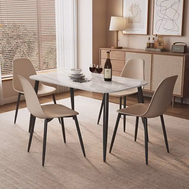 Aspen Gloss White Sintered Stone Rectangular Dining Table and 4 Curve Chair Set in Blue